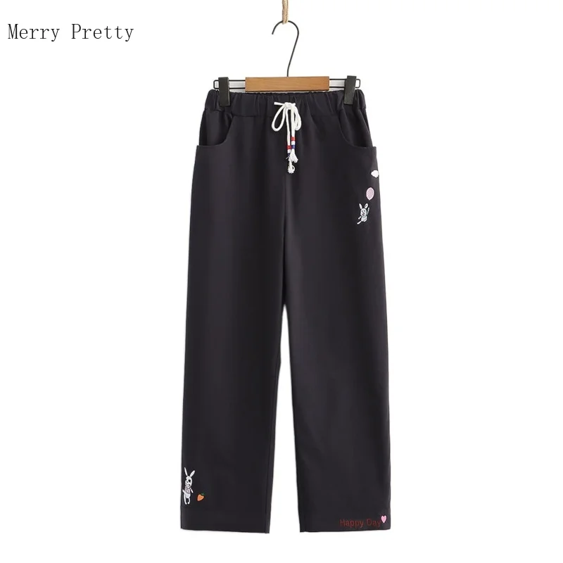 

Cartoon Embroidery Straight Casual Women Trousers 2021 Summer High Waist Korean Ladies Pockets Bottom Pant