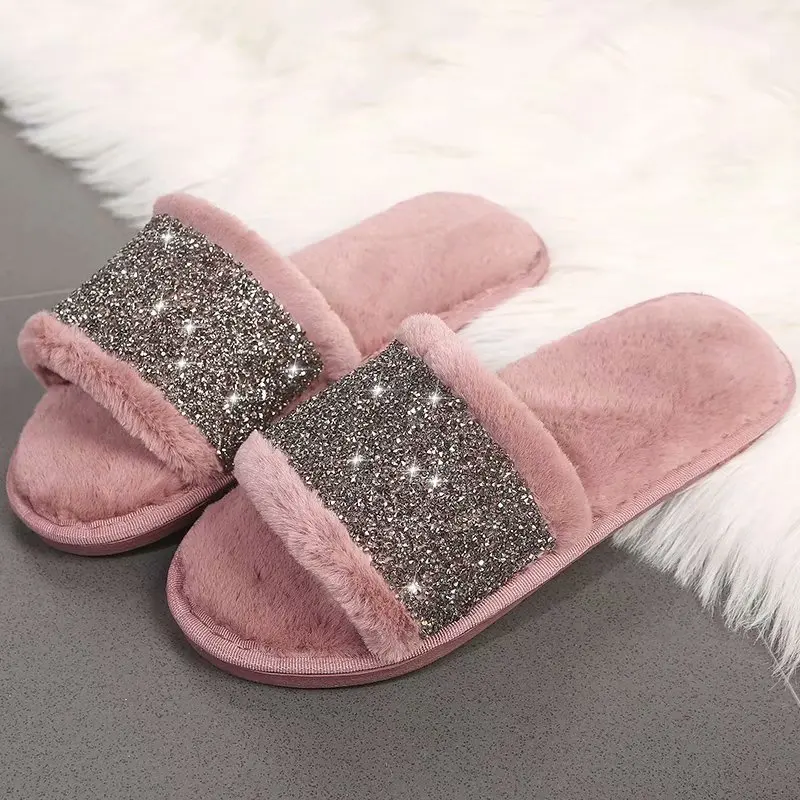 

Women Indoor Fur Sandals Rhinestone Fluffy Slides Eva Flats Sole Open Toe House Sexy Luxury Shoes Zapatos De Mujer Sandalias