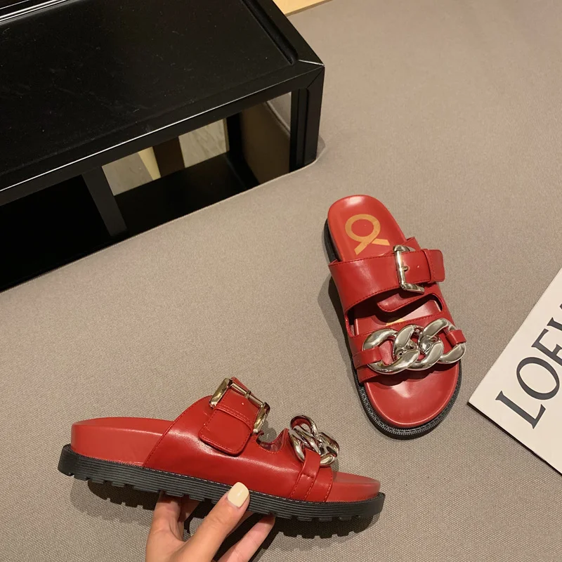 

2021 Women Slippers Female Shoes Rubber Slippers For Home Flats Ladies Flip Flops Metal Decoration Slides Summer Shoes For Women