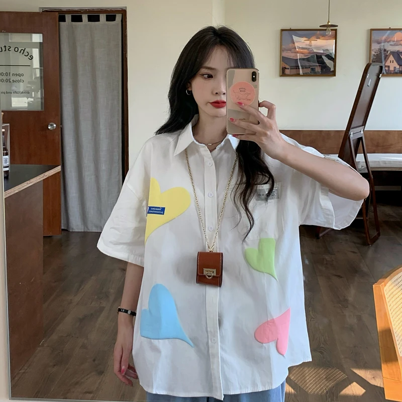 

Polo Shirt Chiffon Loose Plus Size Women's Blouses New Casual Blouse Fashion Short Sleeve Top Love Print Buttons Summer Houthion