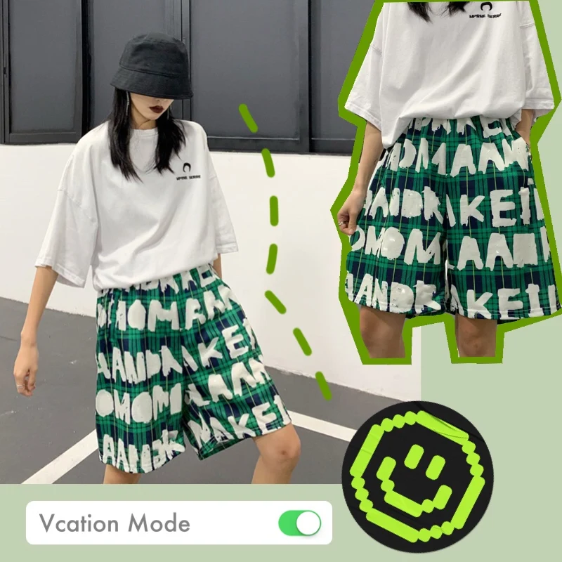 

Шорты для отпуска женские с широкими штанинами, индивидуальные штаны с граффити в стиле Харадзюку, жидкие брюки в Корейском стиле для пар, в...