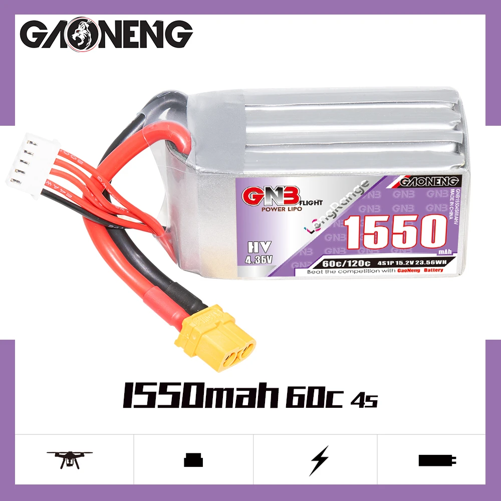 

GAONENG GNB 4S1P 1550mAh 15.2V 60C Light Weight Long Flight Small Volume HV Lipo Battery XT60 Plug For FPV Racing Drone RC Racer