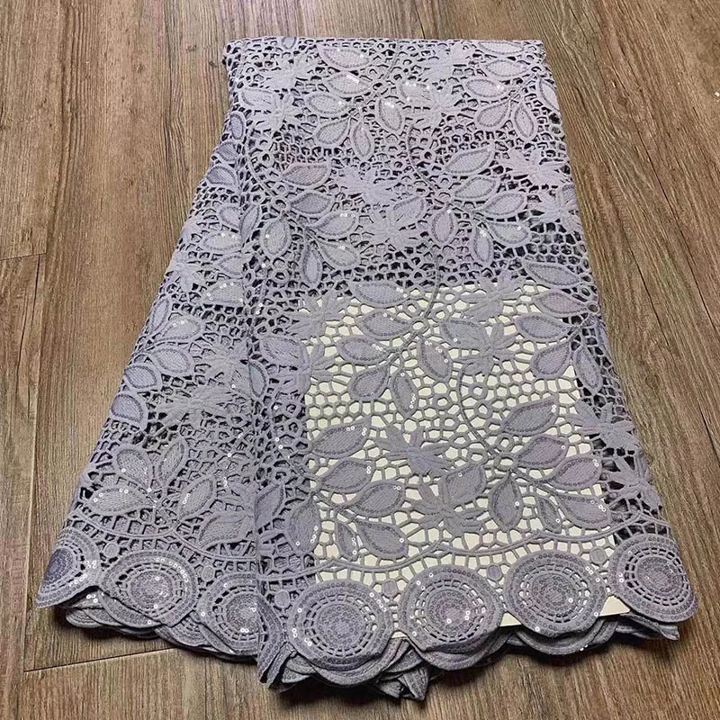 

New African Guipure Cord Lace Fabric High Quality Nigerian Fashion Cord Lace Fabric With Sequins For Wedding Party 5 Yards grey