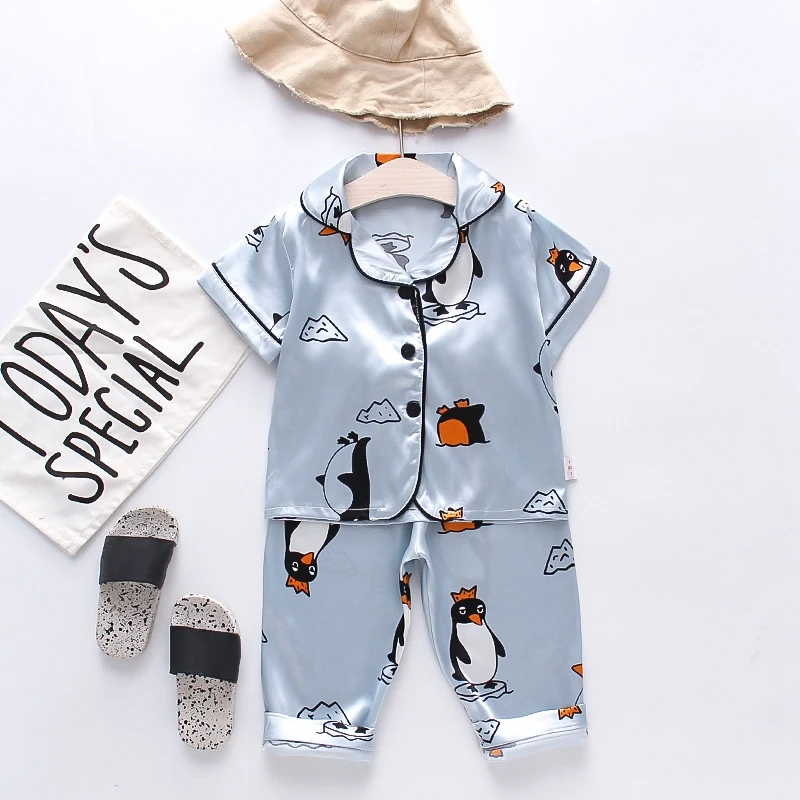 

Ice Silk Print Pajamas with Short Sleeves + Pantsuits for Boys And Girls