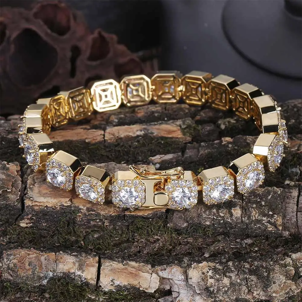 Gold JINAO 1 ряд Золото Серебро AAA 10 мм кубическая циркониевая подвеска все льдом теннис Bling лаборатория CZ браслет с камнями - Окраска металла: Gold