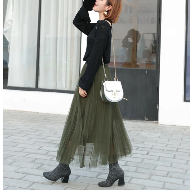 Плиссированная фатиновая юбка TingYiLi черная бордовая фиолетовая серая зеленая