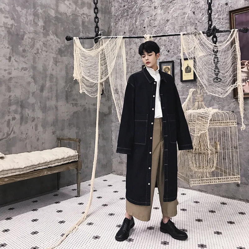 Джинсовая куртка мужская свободного покроя однобортная Длинная ветровка с