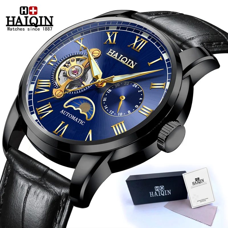 Black Blue HAIQIN водонепроницаемые мужские часы с скелетом из нержавеющей стали, роскошные брендовые прозрачные механические Спортивные мужские наручные часы - Цвет: Black Blue