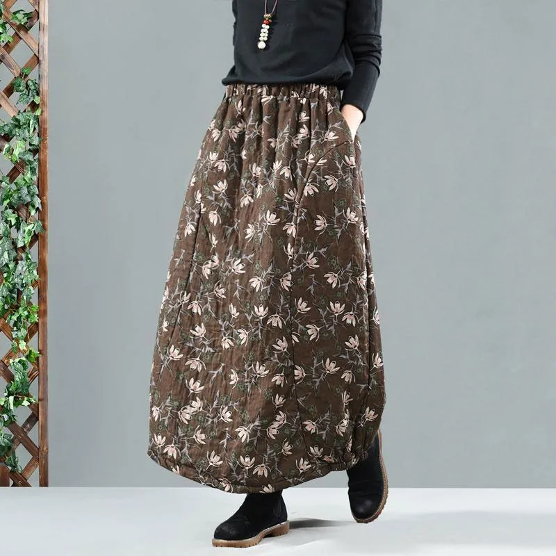 

FAKUNTN New Arts Autumn Winter Style Women Elastic Waist Thicken Warm Loose Long Skirt Vintage Print Cotton Casual A-line Skirts
