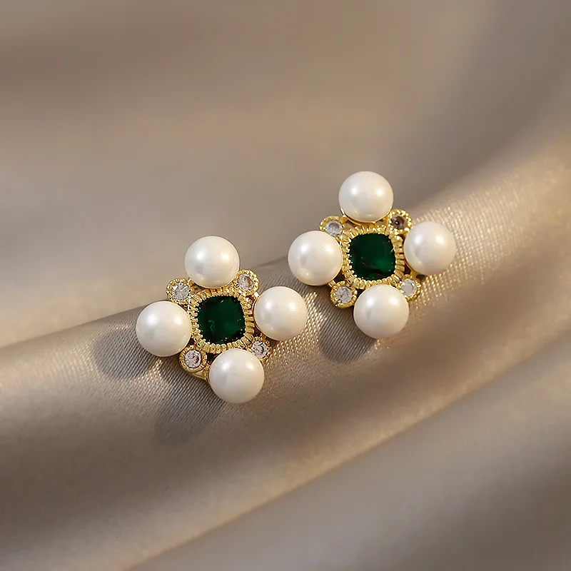 

LOVOACC Vintage Green Color Shiny Square Rhinestone Pendant Earrings for Women Girls Big Simulated Pearl Earrings Accessories