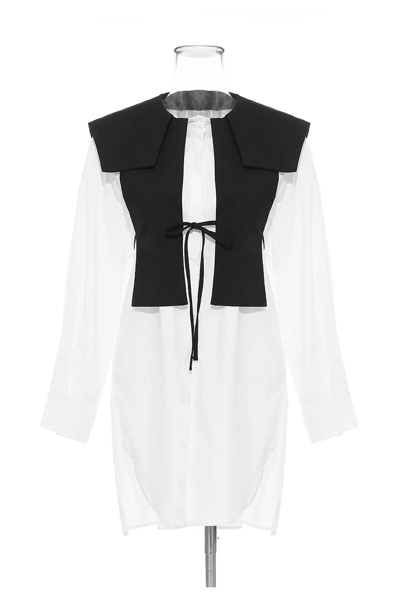 

MSXU модный шикарный контрастный цвет Повседневный жилет для работы женская блузка рубашка имитация двух частей платье