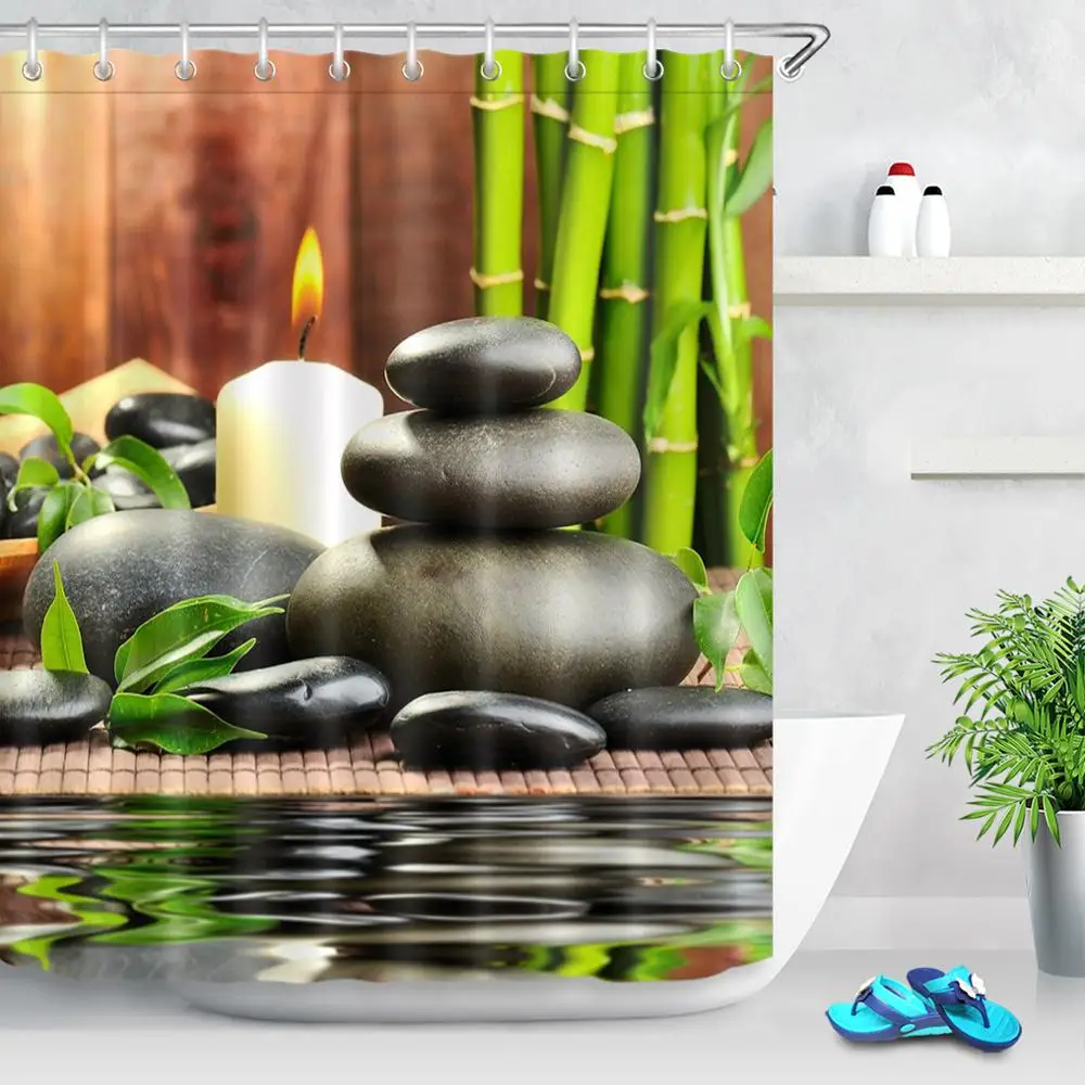 

Stones And White Lotus in Water Shower Curtain Zen Spa White Bathroom Waterproof Bath Curtain Polyester Fabric for Bathtub Decor