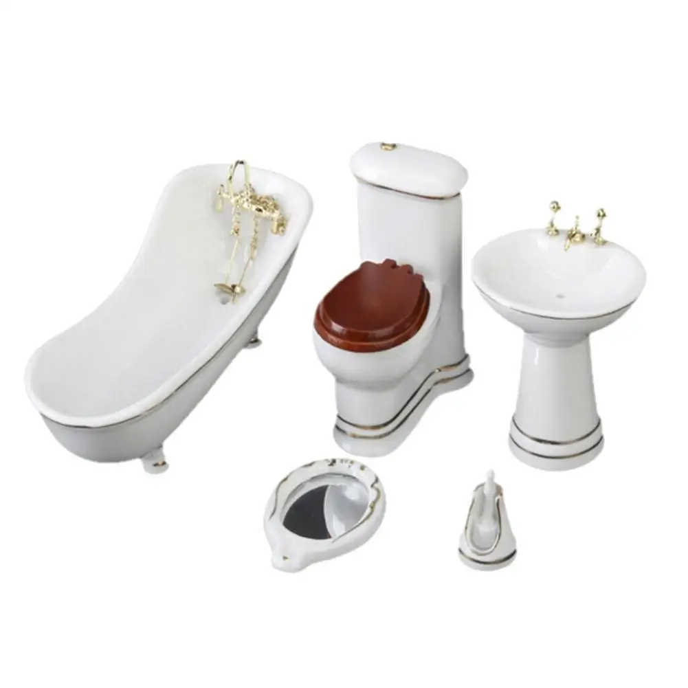 

5Pcs 1:12 Miniature Dollhouse 3D Wooden Ceramic Furniture Mini Bathtub Toilet Mirror Basin Bathroom Furniture Model Set