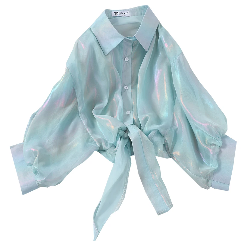 Женская шифоновая блузка с блестками на пуговицах завязками талии 2021 | одежда