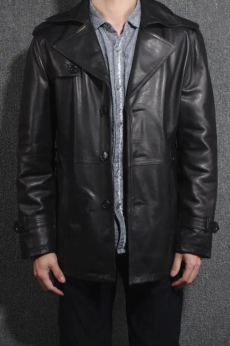 

men's sheepskin japanese style medium genuine leather jacket lapel single breasted autumn coat for men