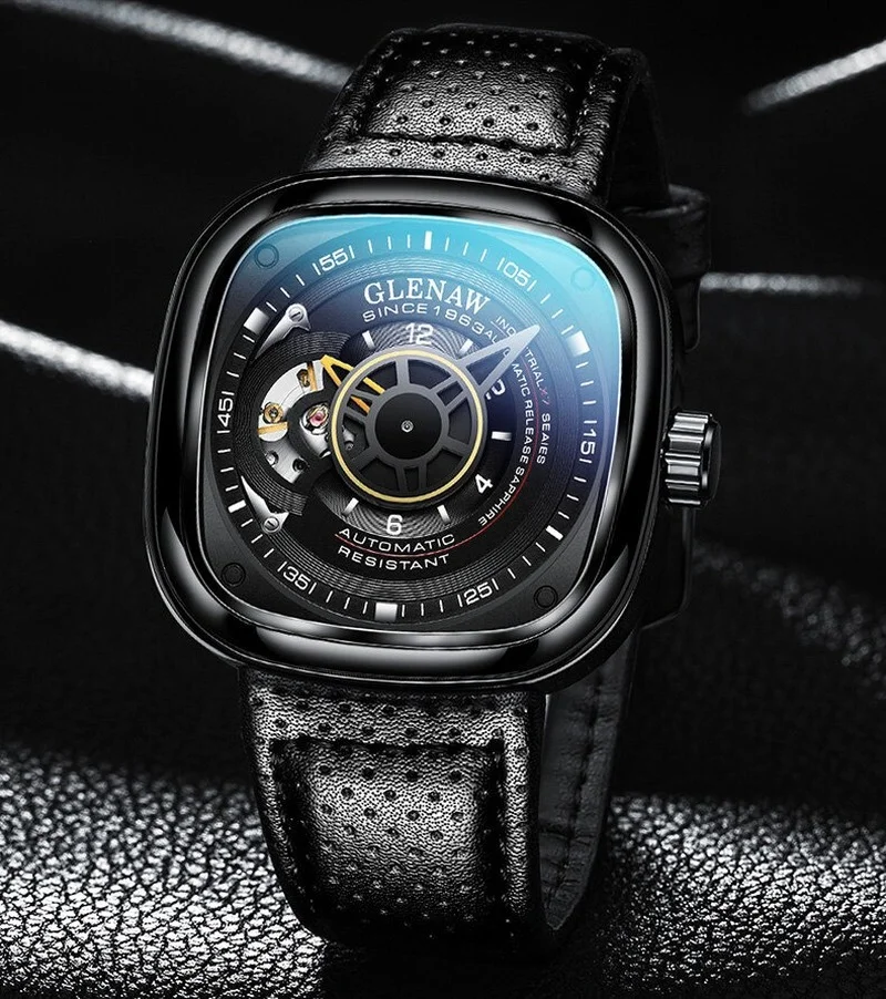 

8821 Fashion Sports Square Hollowed Design Leather Strap 3ATM Waterproof Men Automatic Mechanical Watch