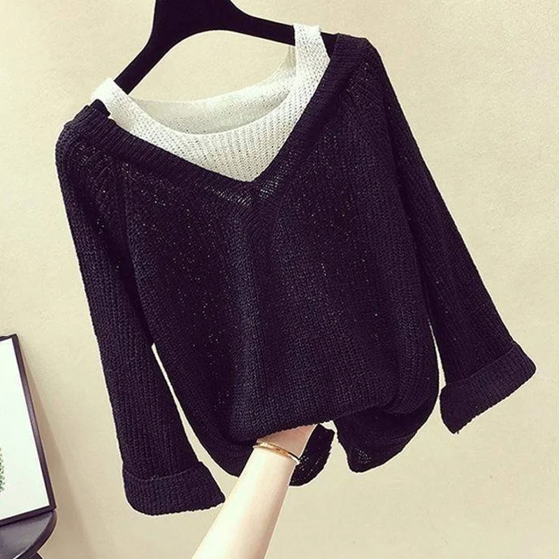 Pullover Sweater Women Winter 2020 Loose Long Sleeve Fake Two Fashion Knitted Sweaters Plus Size | Женская одежда