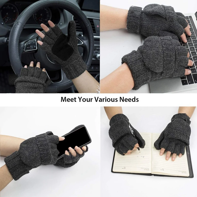 

Winter Knitted Convertible Fingerless Gloves Wool Mittens Warm Mitten Glove for Women and Men