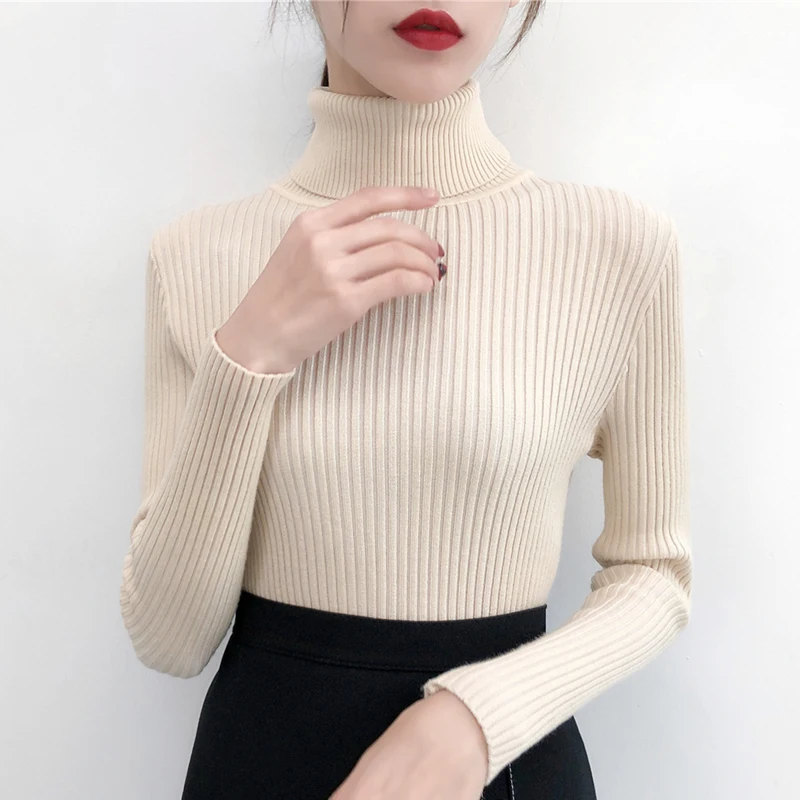 

#6326 Autunmn Winter Korean Fashion Thick Knitted Sweater Women Turtleneck Casual Basic Women Sweaters Solid Cotton Knitwear