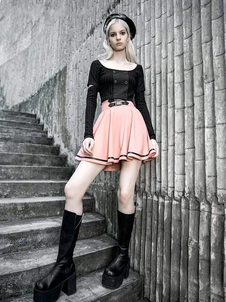 Женские готические короткие футболки в полоску с вырезами стиле панк PT-448TC |