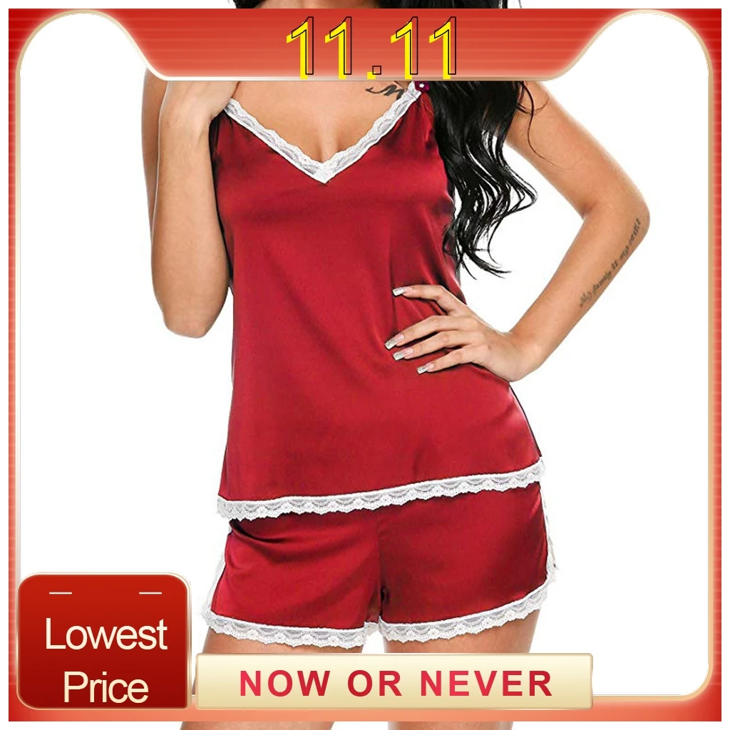 Летние пикантные кружевные Сатиновые пижамы наборы для Для женщин шелковая