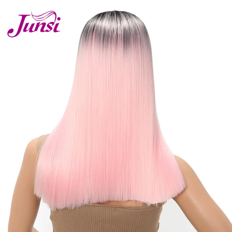 Pink JUNSI волосы Омбре серые парики короткие прямые термостойкие синтетические волосы для женщин Косплей или вечерние парики боб - Цвет: Pink