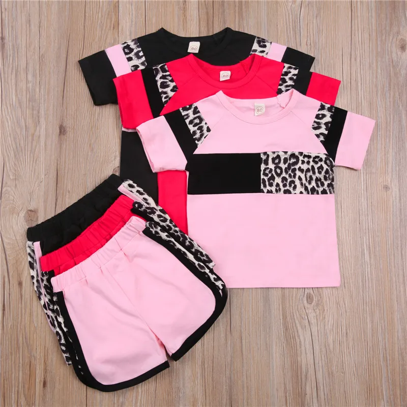 

2021 Baby Girls Outfits Soft Short Sleeve Leopard Print Patchwork Tops Shorts 2Pcs Summer Toddler Girl Clothes Newborn Set