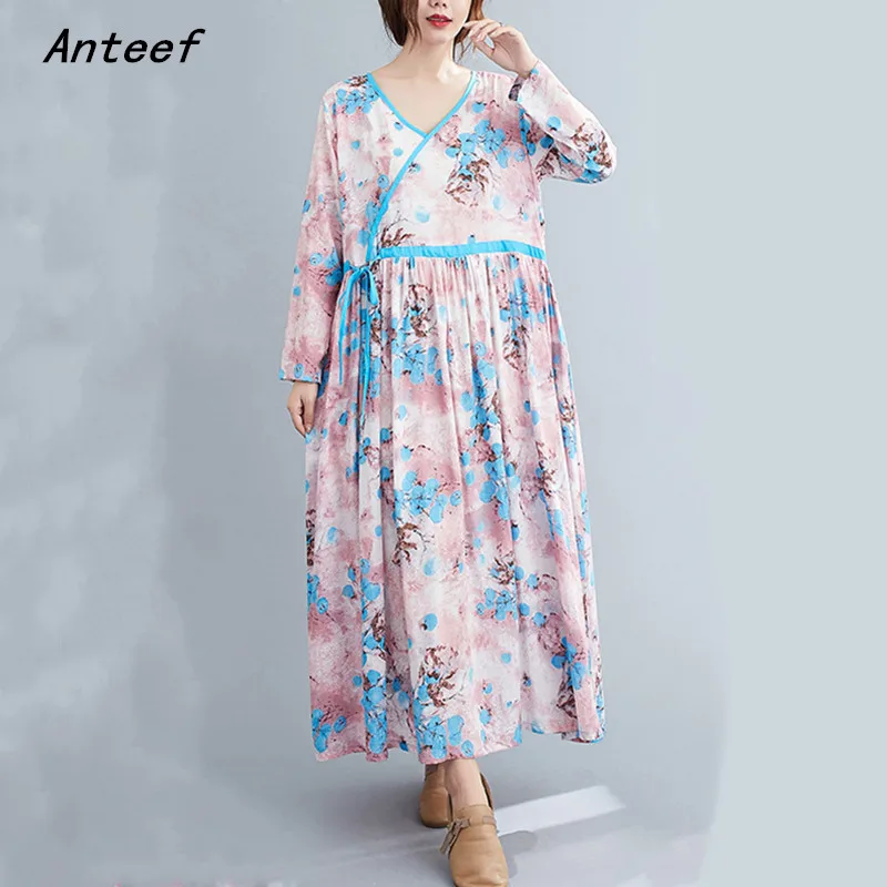 

Женское винтажное платье из хлопка и льна с длинным рукавом, повседневное свободное платье с цветочным принтом на весну и осень, элегантная одежда 2022