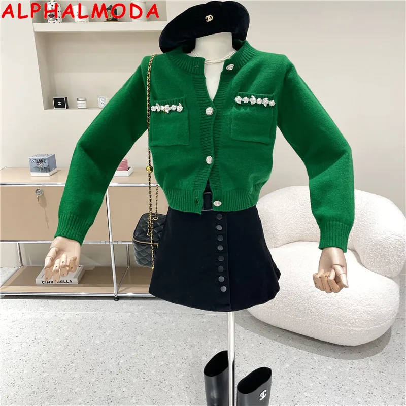 

Женский трикотажный кардиган ALPHALMODA, облегающий, с кристаллами, модный джемпер на зиму 2021