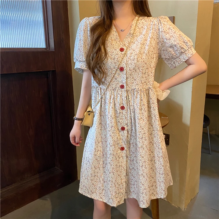 Корейское летнее однотонное платье с цветочным принтом и короткими рукавами |