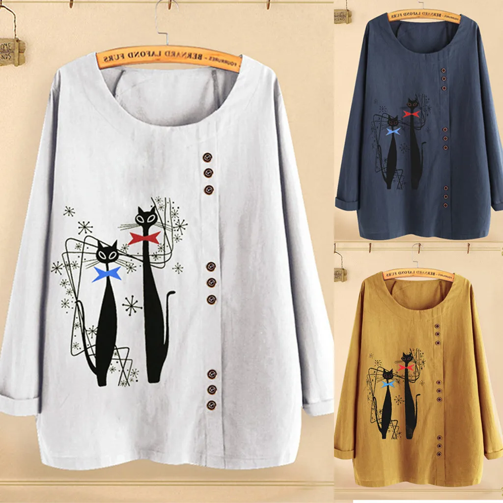 2019 Модные осенние женские повседневные топы с милым принтом кота из мультфильма