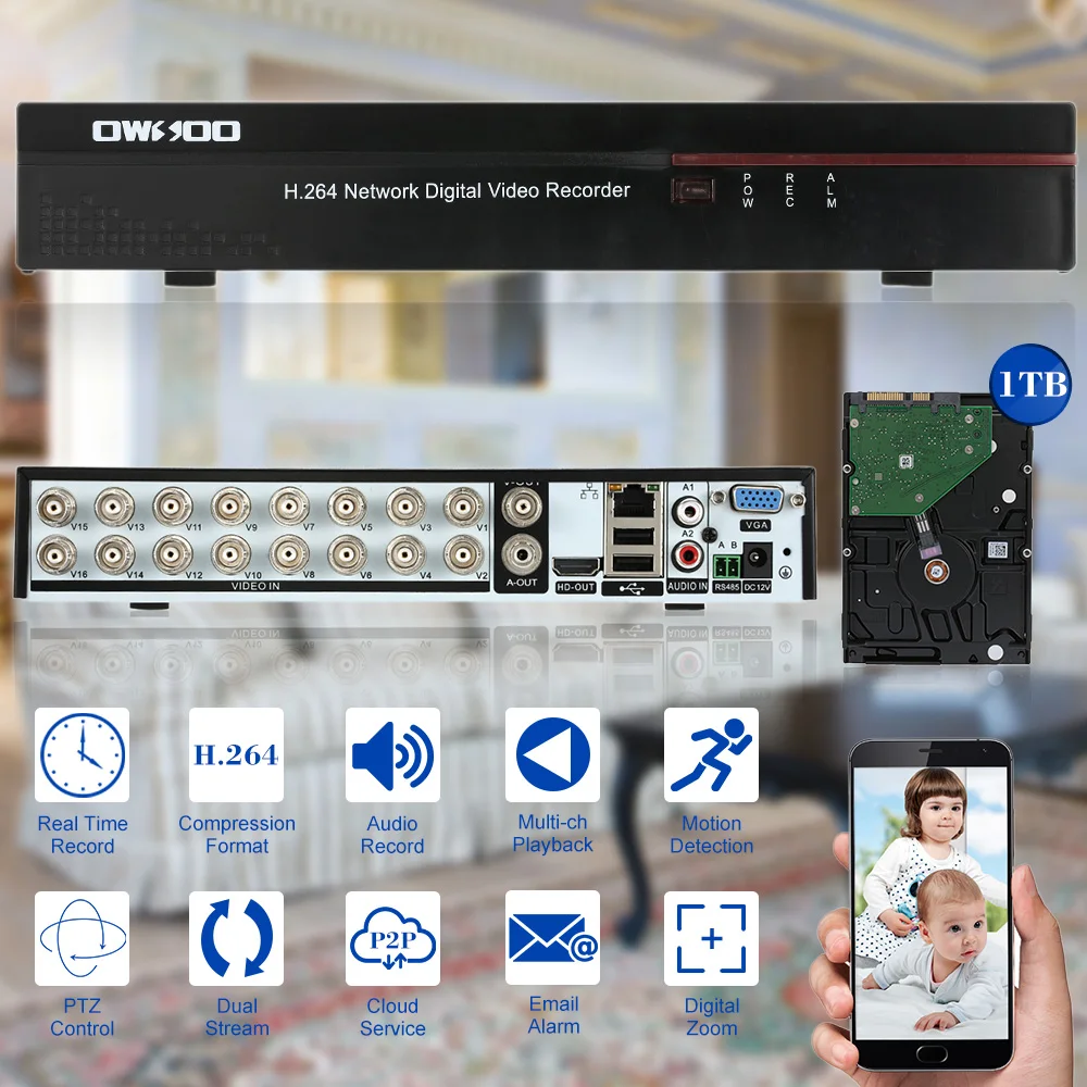 OWSOO 16CH Channel Full CIF H.264 HDMI P2P Cloud Network DVR цифровой видеорегистратор + 1 ТБ Seagate жесткий