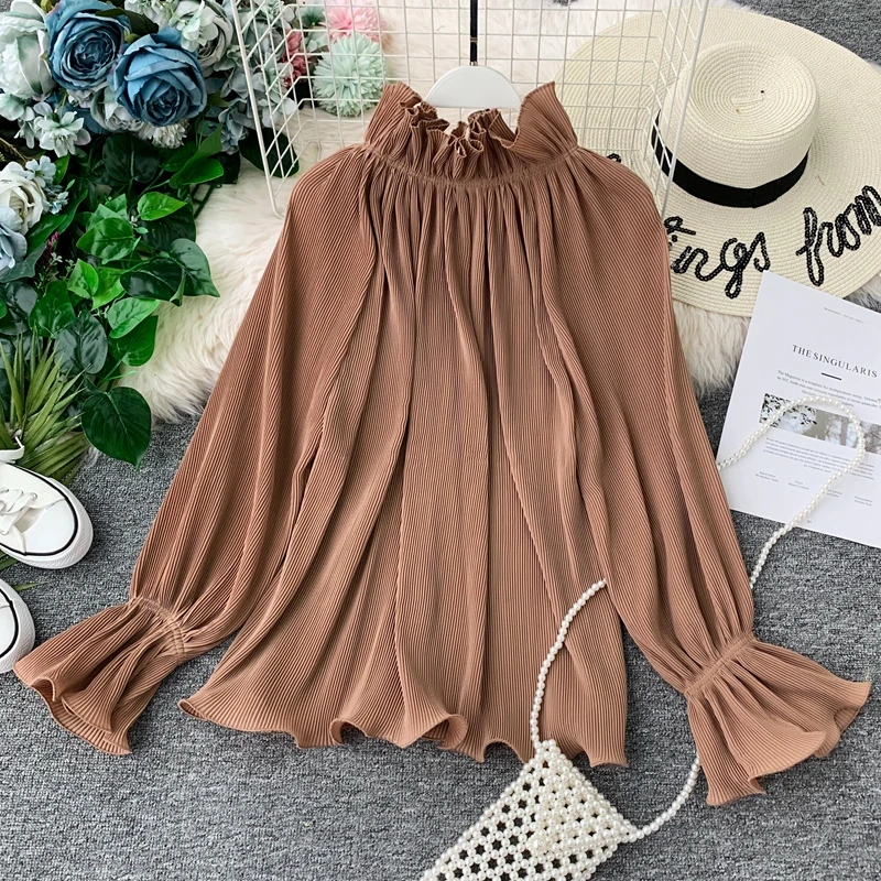 

chic women pleated blouses full sleeve woman long sleeve pleated chiffon shirts female fashion lantern sleeve chiffon pullovers