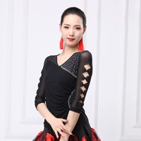 autumn women latin dance tops fashion with diamonds lace sleeves adult training clothes v neck modern ballroom dancing clothes