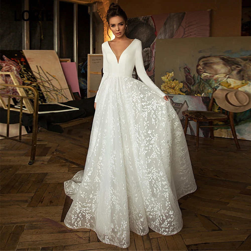 

Белое кружевное свадебное платье LORIE в стиле бохо, 2020, с длинным рукавом, V-образным вырезом, ТРАПЕЦИЕВИДНОЕ пляжное платье невесты, атласное ...