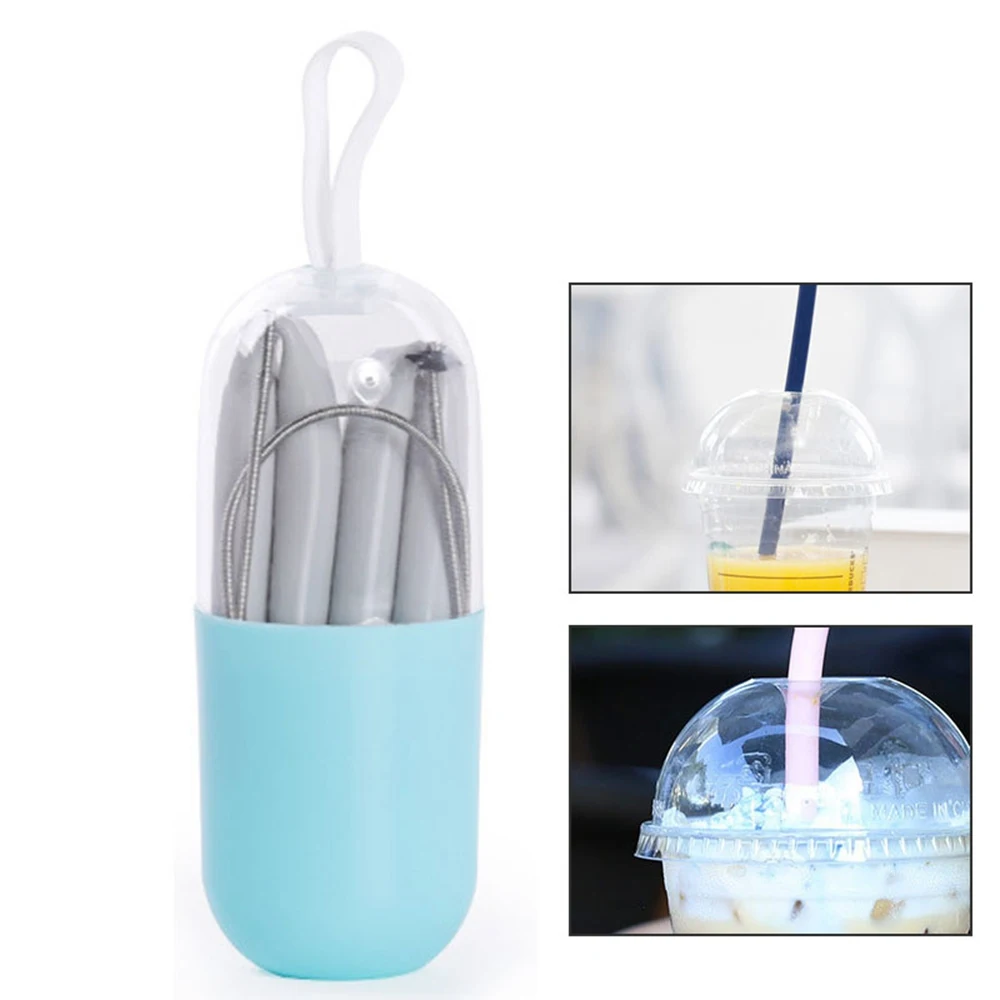 1Pc Reusable Food Grade Silicone Straws Foldable Drinking Straw With Cleaning Brush Storage Box Dust-proof Kid Adult Party Straw