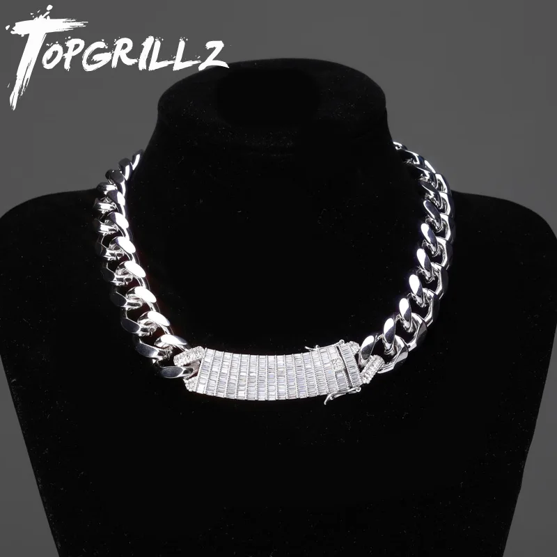 TOPGRILLZ 18mm Long Lock Clasp Baguette Zircon Prong Setting Cuban Necklace Iced Out Cubic Zirconia Chain Hip Hop Rock Jewelry | Украшения