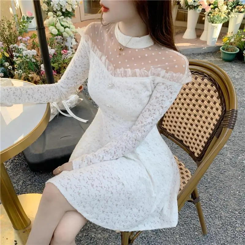 

Sweet Elegant Fairy Dress Women Spring Lace Patchwork Party Mini Dress Female Slim French Japanese Kawaii Korean Dress Women New