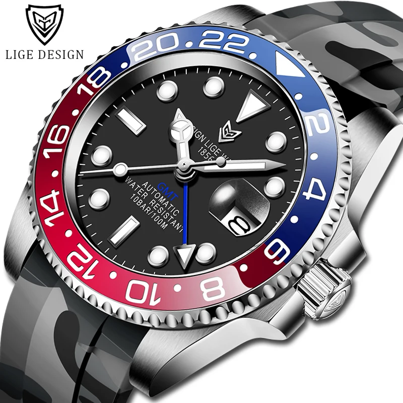 

Новинка 2020, мужские механические часы LIGE GMT, роскошные брендовые автоматические часы с силиконовым ремешком, модные спортивные водонепрони...