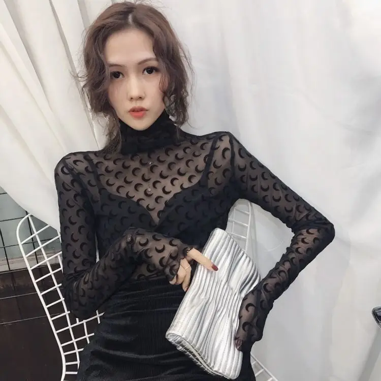 Прозрачный сетчатый сексуальный топ с принтом Луны для женщин круглым вырезом и