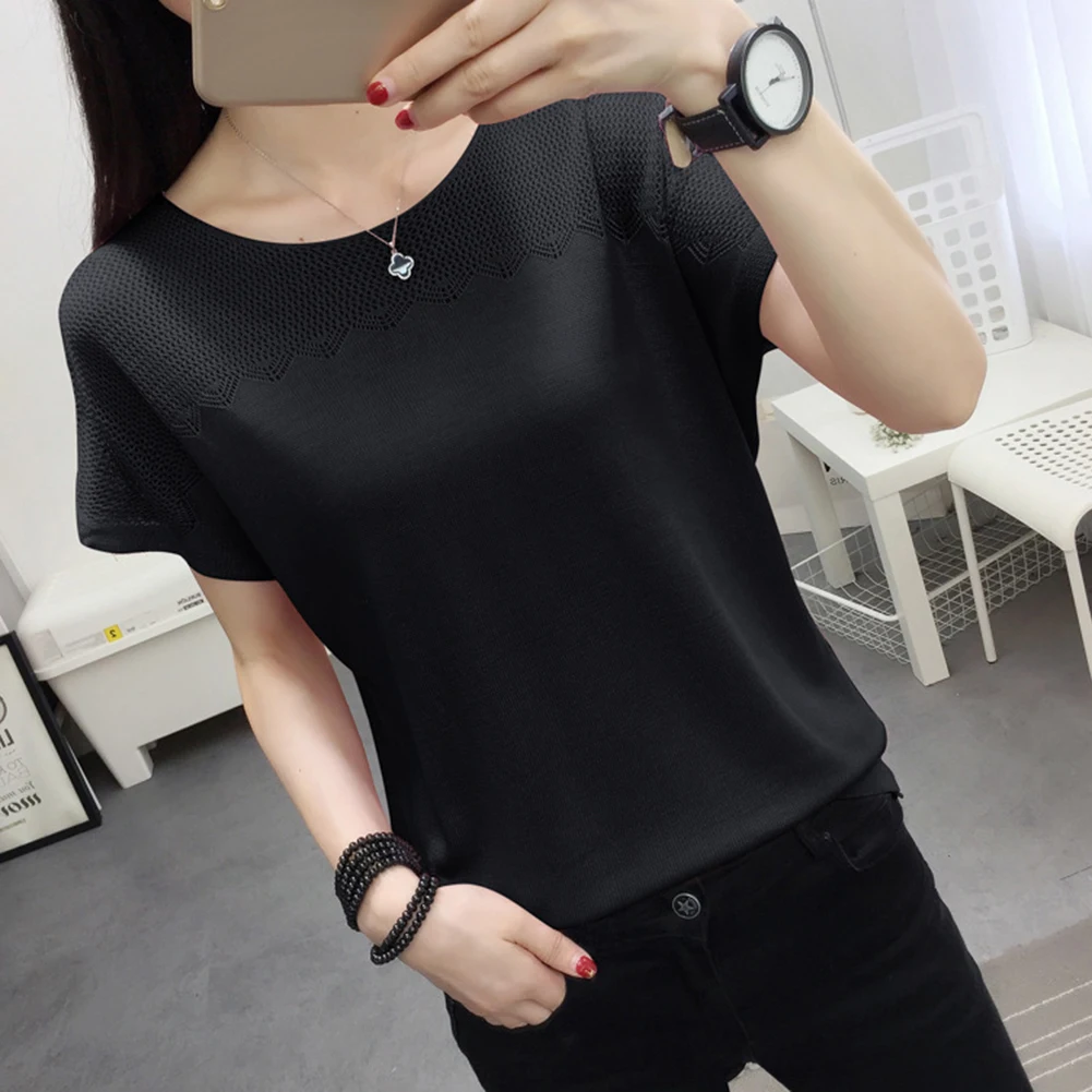 Футболка женская однотонная с круглым вырезом и коротким рукавом|Футболки| |