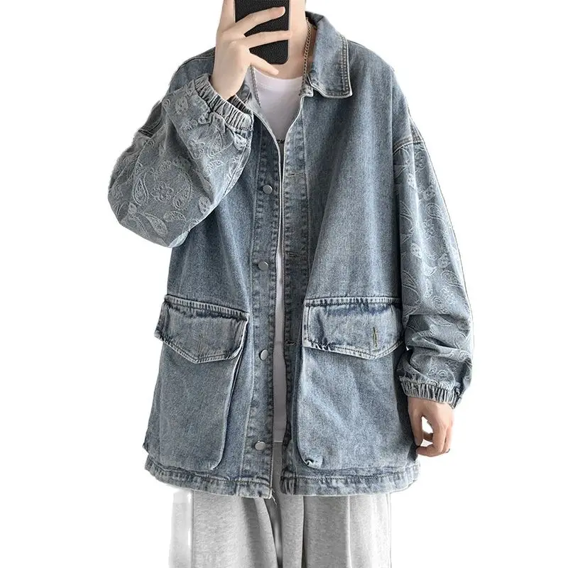 

Cashew Flower Men's Spring Autumn High Street Korean Big Pocket Streetwear Hip Hop Teenagers Casual Loose Denim Jacket