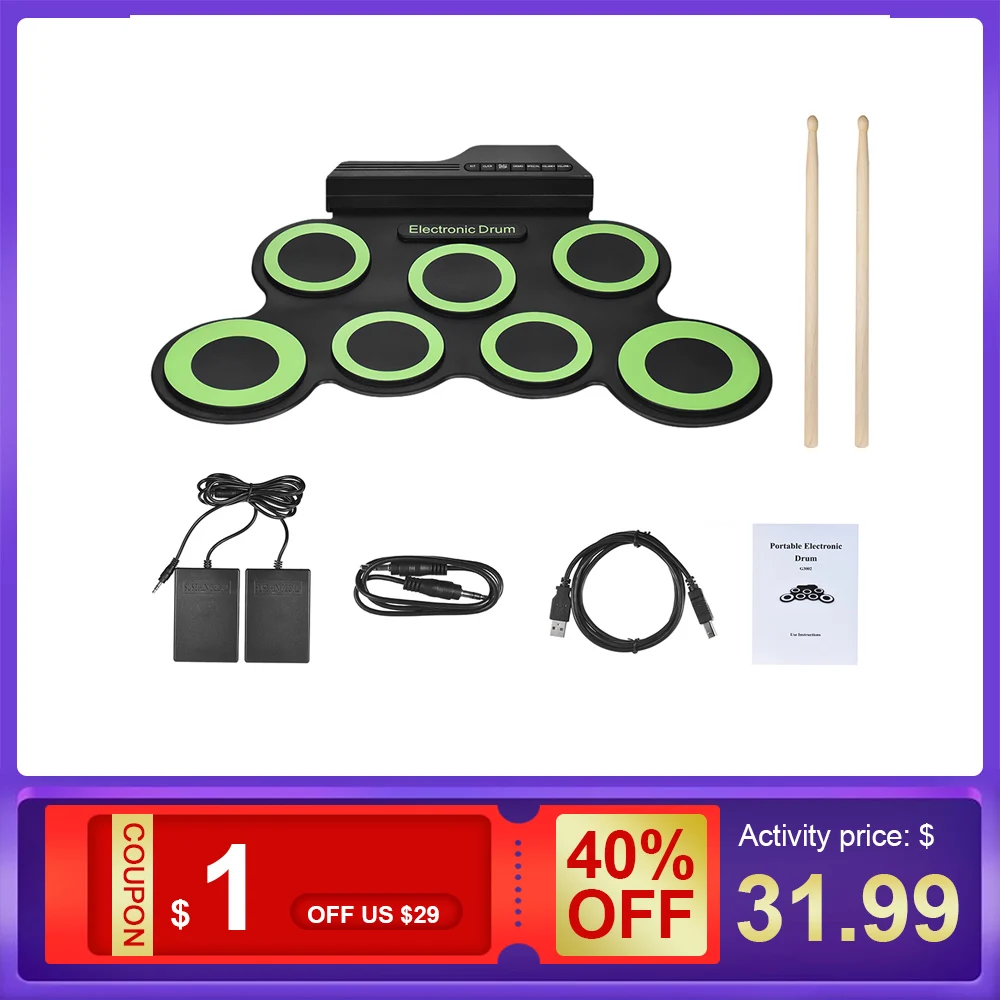 Портативный Электронные Ударные установки цифровой Roll Up барабаны Комплект 7