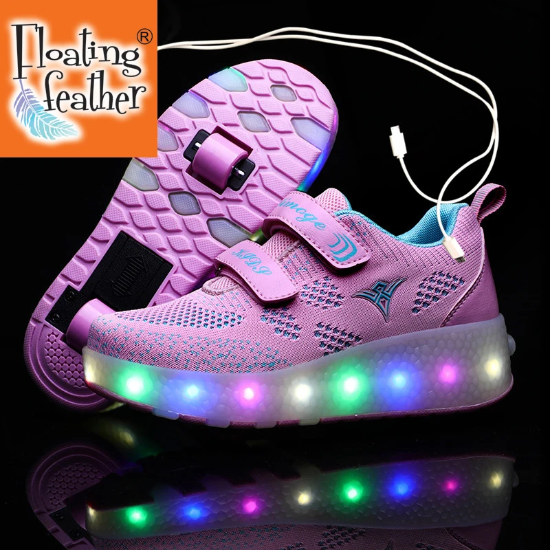 

USB Charging Children Roller Skate Casual Shoes Boys Girl Automatic Jazzy LED Lighted Flashing Kids Glowing Sneakers 2021 Wheels