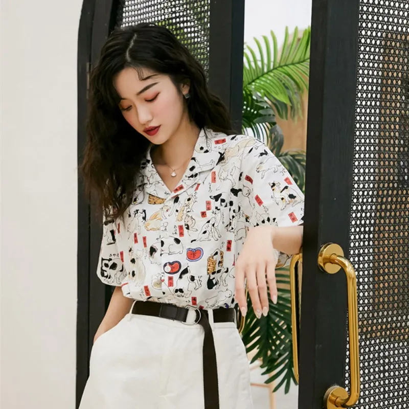 

Vintage Women Tops Fashion Ladies Blouses Cat Print Shirt Short Sleeve Blusas Femininas Female Clothes