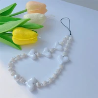 ins fashion white resin striped beads heart shaped mobile phone chain imitation pearl telephone anti lost lanyard jewelry gifts