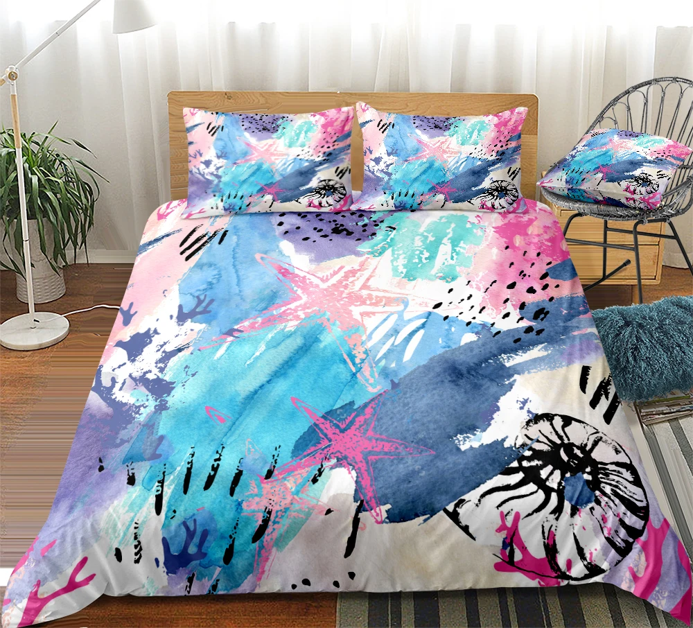 

Watercolour Underwater Ocean Wildlife Bedding Sets Corals Starfish Duvet Cover Set Artistic Abstract Bed Linens for Teens Girls