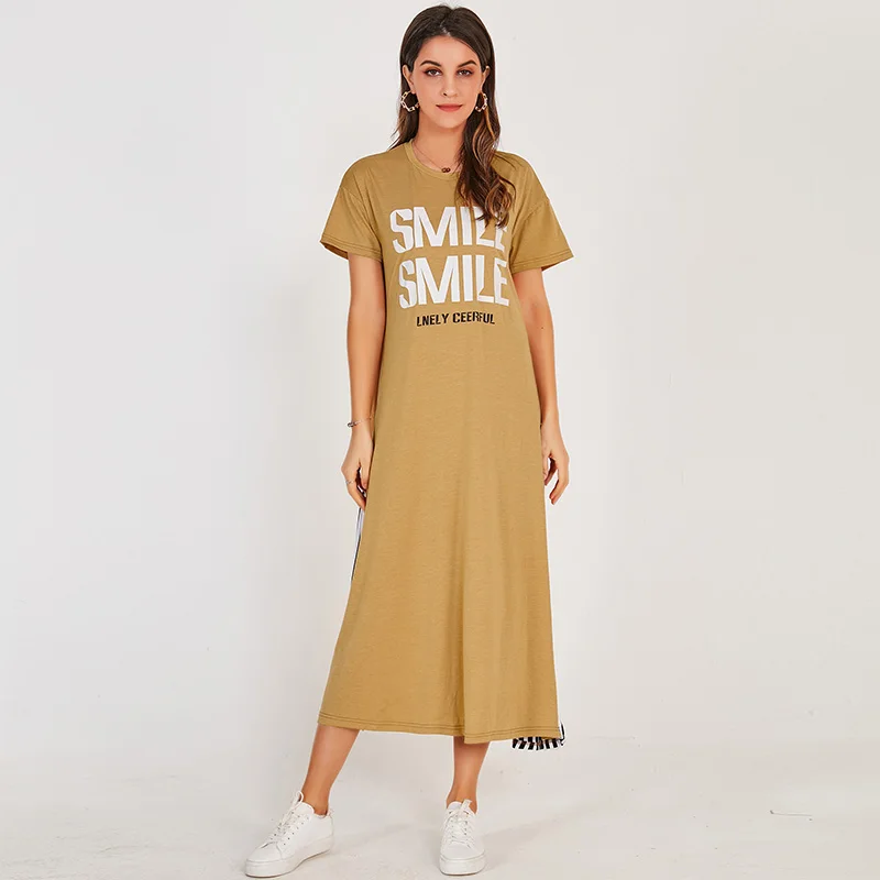 

New Summer Long Dress Women 2022 Khaki Short Sleeve Letter Printing Vertical Striped Stitching Sports Casual College Midi Dress