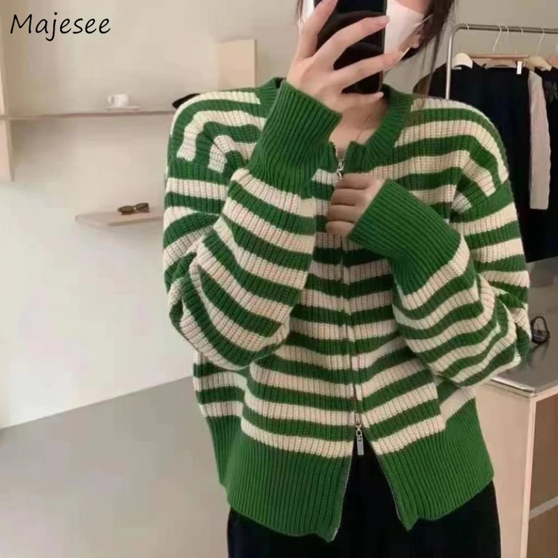 

Cardigan Women Striped Retro Zipper College Ladies Panelled Autumn Mujer All-match Lazy Style Ulzzang Tender Hipsters Sweetie BF