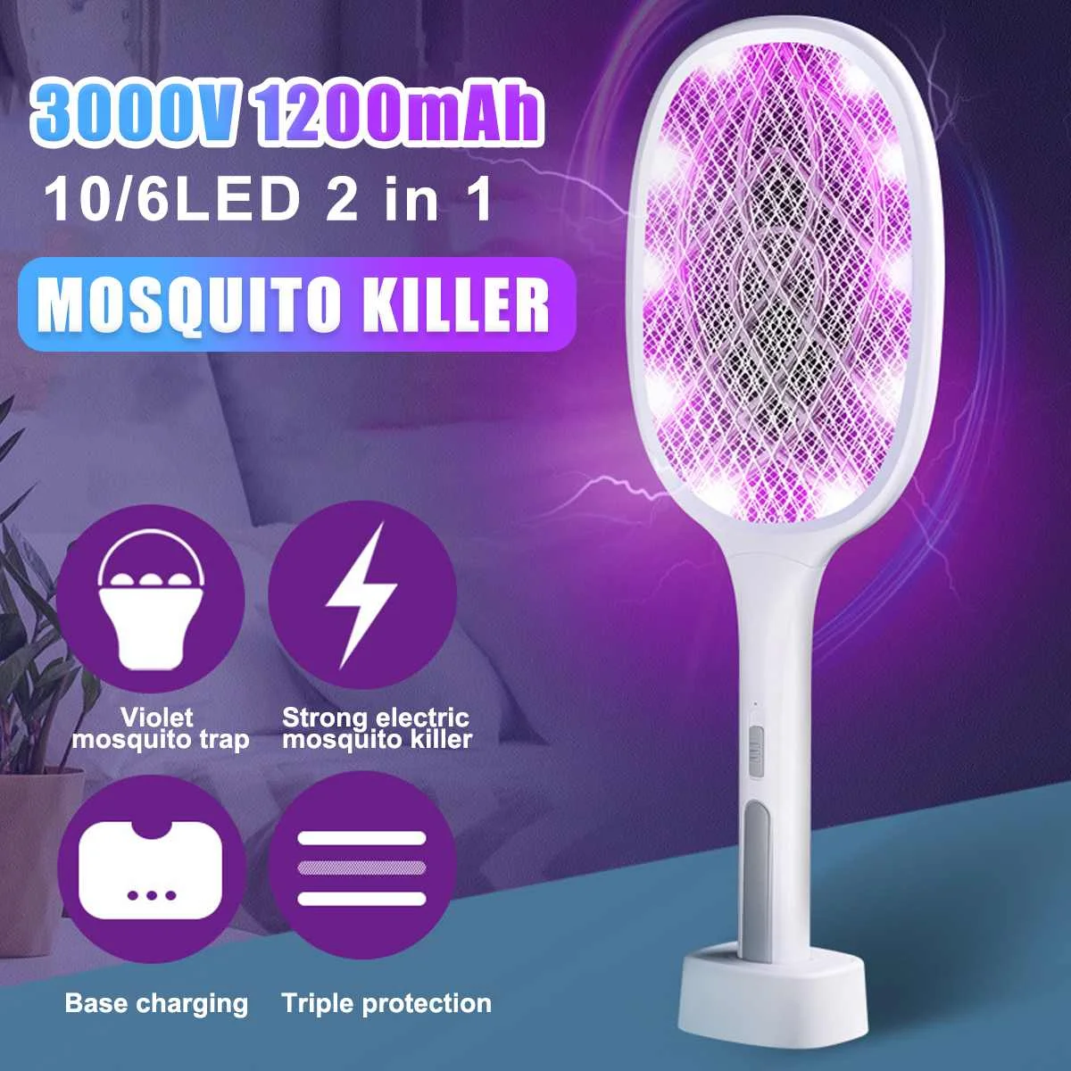 

3000V Electric Flies Swatter Killer with UV Light USB Rechargeable LED Lamp Summer Mosquito Trap Racket Anti Insect Bug Zapper